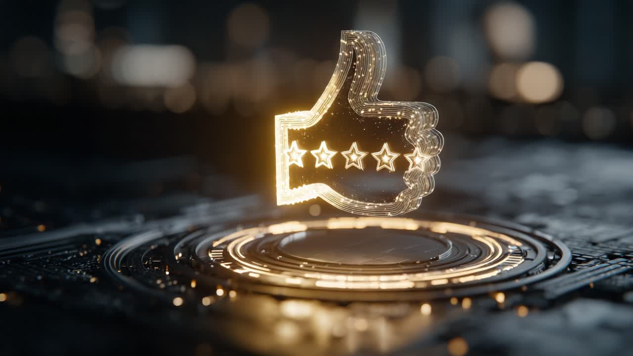 Illuminated Digital Thumbs Up with Five-Star Rating on Circuit Board Background: A Glimpse into Modern Approval and Excellence in Technology