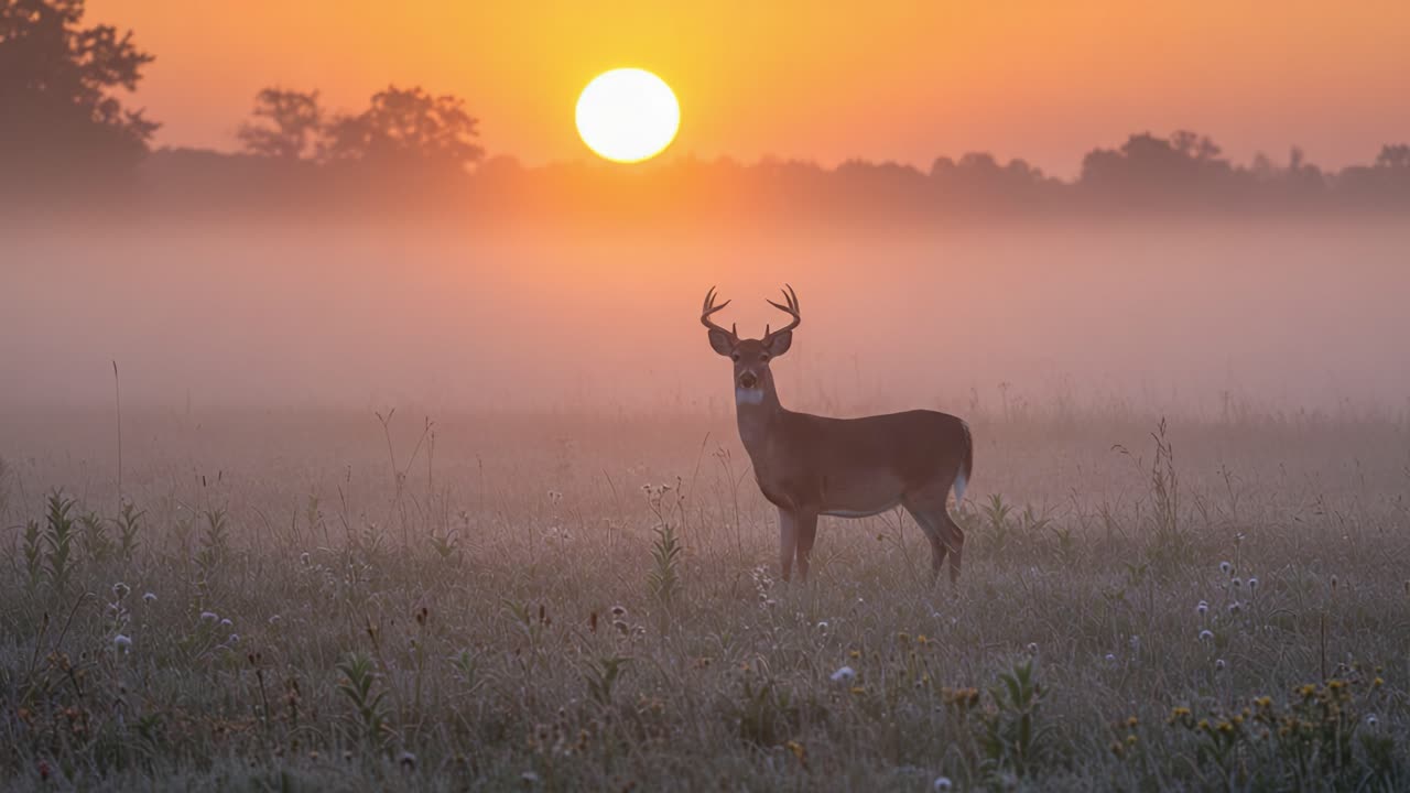 Magnificent Stag Standing in Misty Morning Field Under the Rising Sun, Surrounded by Nature's Beauty and Vibrant Colors of Dawn