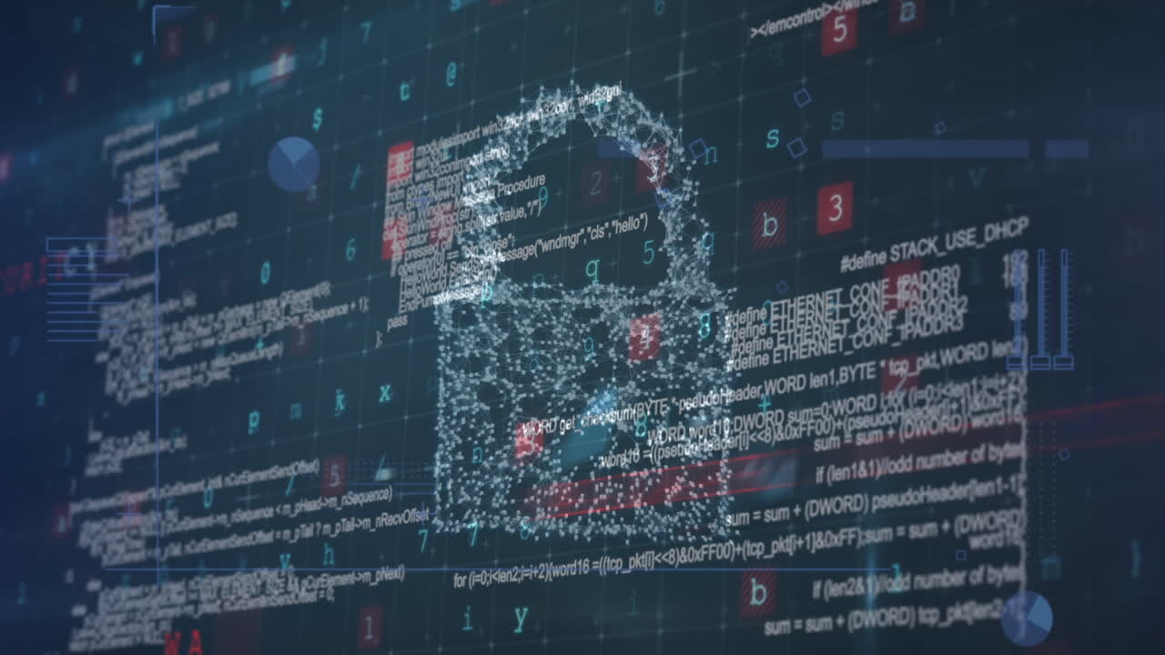 animación del candado de seguridad sobre el procesamiento de datos en fondo oscuro