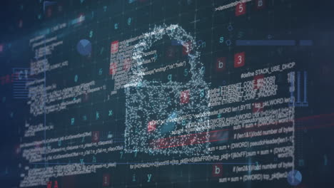 Animation of security padlock over data processing on dark background