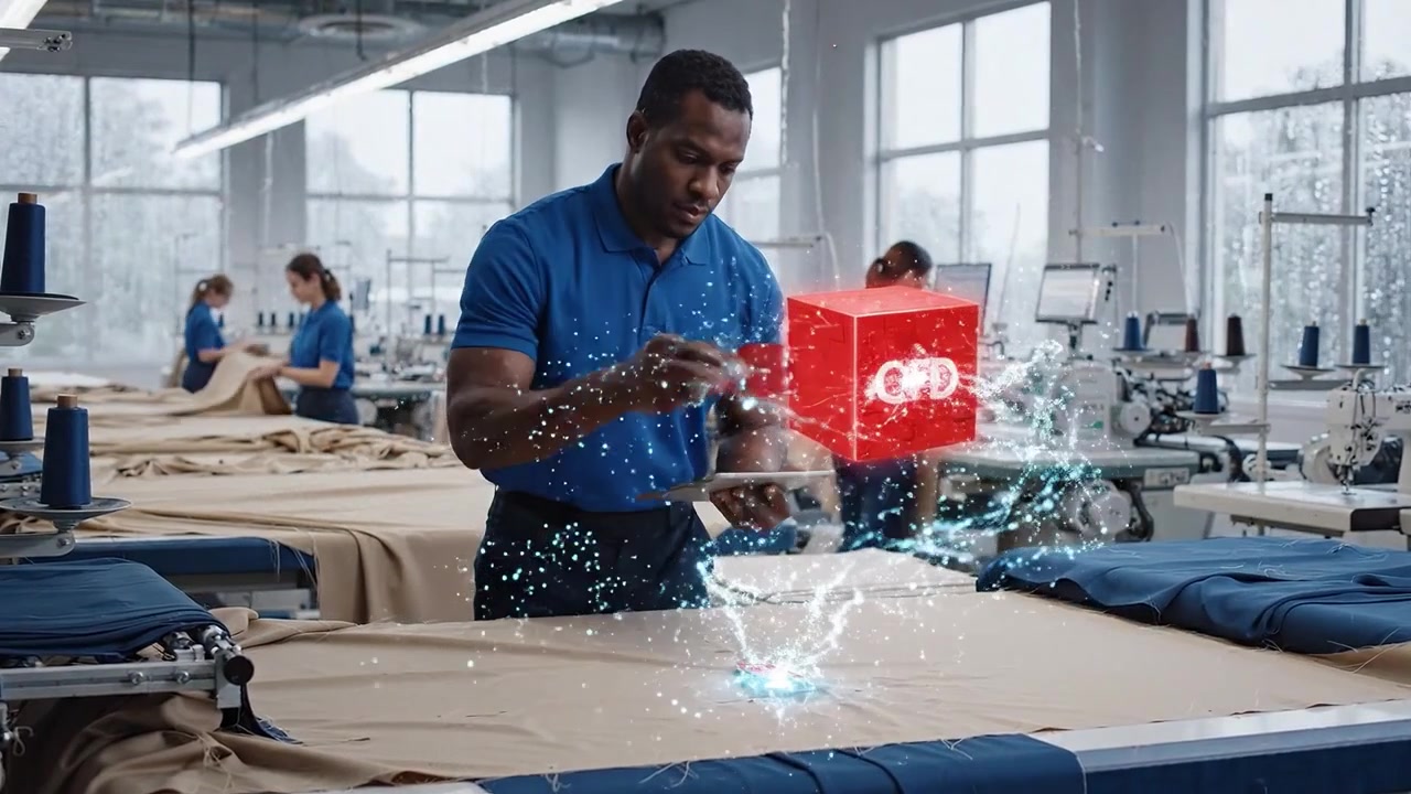 Operaio che usa un tablet con realtà aumentata in una fabbrica tessile.