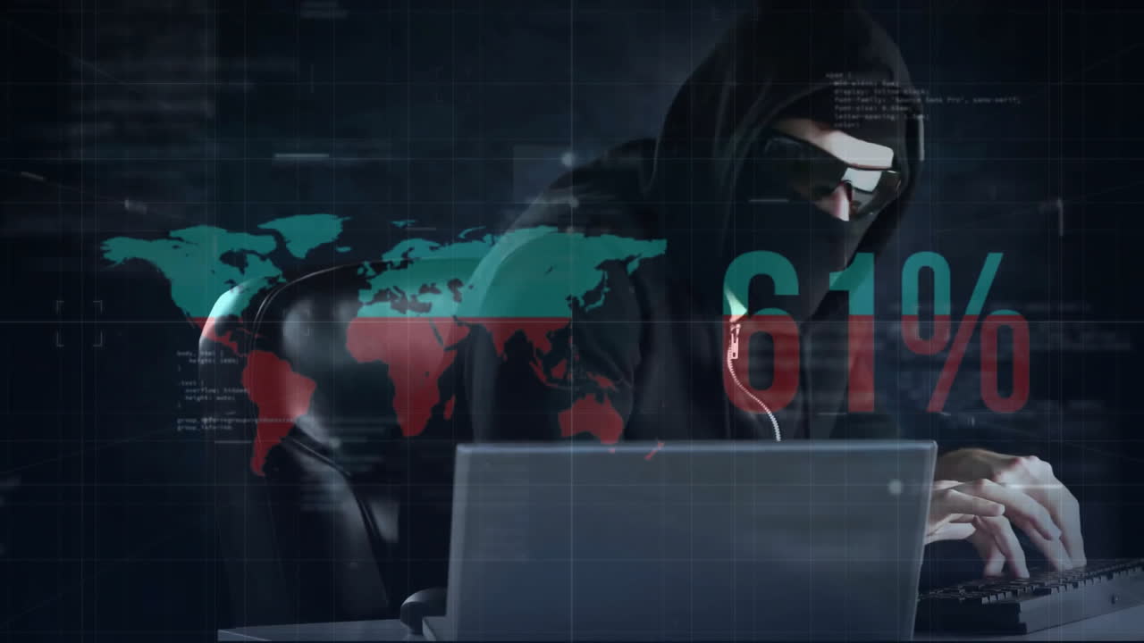 Animation of data processing and world map over caucasian male hacker using laptop