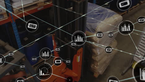 warehouse logistics and inventory management animation over forklift and pallet