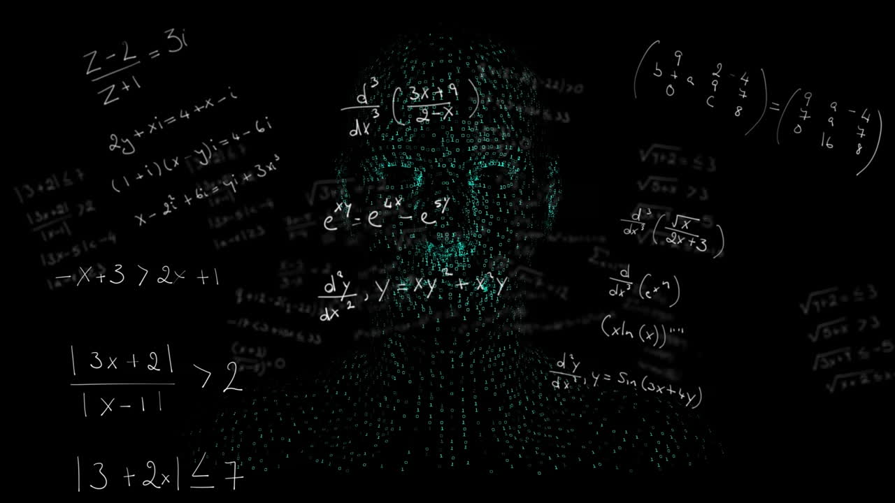 animación de la cabeza digital humana girando con ecuaciones matemáticas en fondo negro.