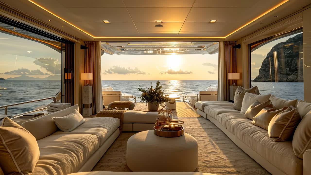 Luxuriöse Yacht-Lounge bei Sonnenuntergang. Ein geräumiger Wohnbereich der Yacht bietet während des Sonnenuntergangs einen Blick auf das Meer