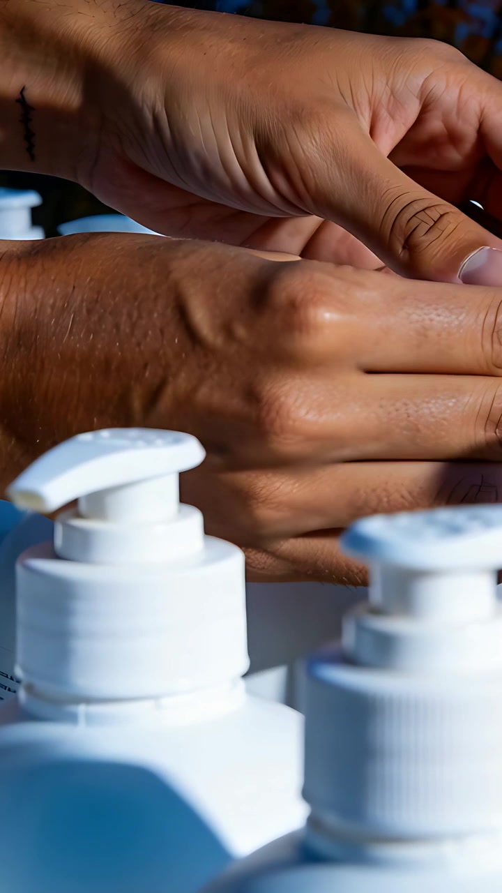 Video verticale: Mani che premono per pompare gel nel palmo su vassoio con dosatori, strofinando sulle dita