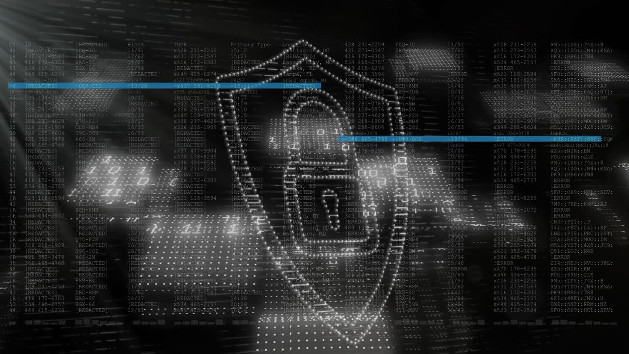 Animation of data processing and networks of connections over dark background