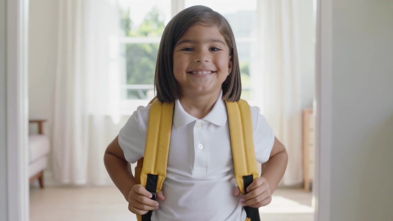 Un bambino in polo bianca indossa uno zaino giallo e ne regola gli spallacci sulla soglia, preparandosi per la scuola.