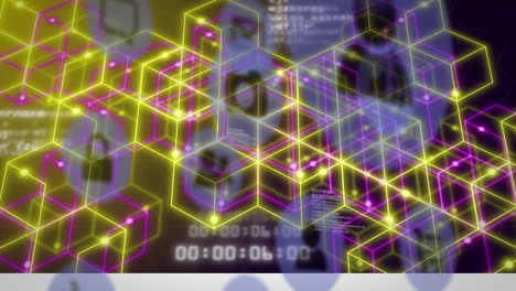 animation of data processing and icons over network of connections