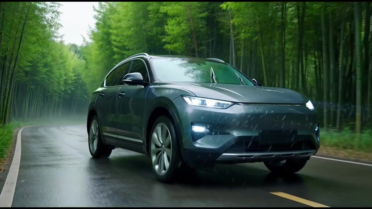 SUV moderno che attraversa una foresta di bambù sotto la pioggia
