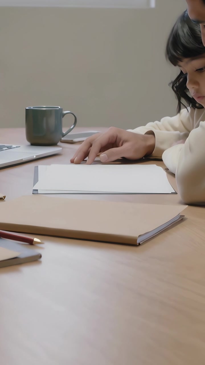 Vertical video: Leaning parent helping child in sweater, pointing across papers at home, copy space