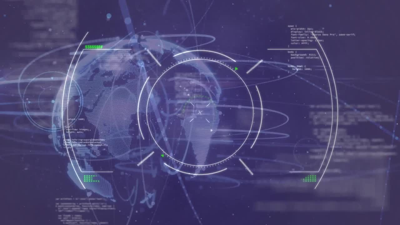 animación de círculos, lenguaje de computadora y globo giratorio con destellos de lentes sobre un fondo abstracto