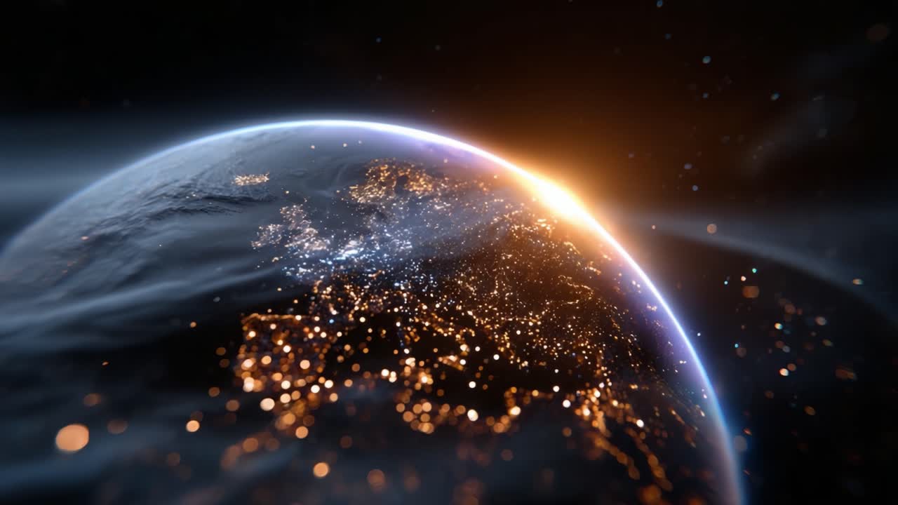 A stunning view of Earth illuminated by city lights, showcasing the planet's beauty as the sun rises, highlighting the intricate details of continents and oceans