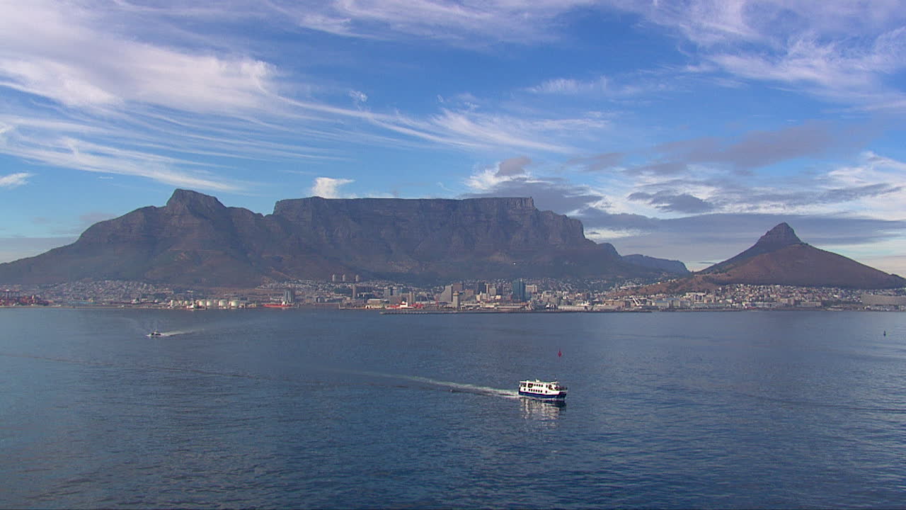 Table Mountain aerial with boat in the foreground.