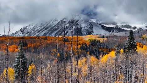 incredible kebler pass crested butte colorado stunning fall winter first snow seasons collide aerial cinematic drone yellow aspen tree forest rocky mountains fog clouds scene lifting up jib motion