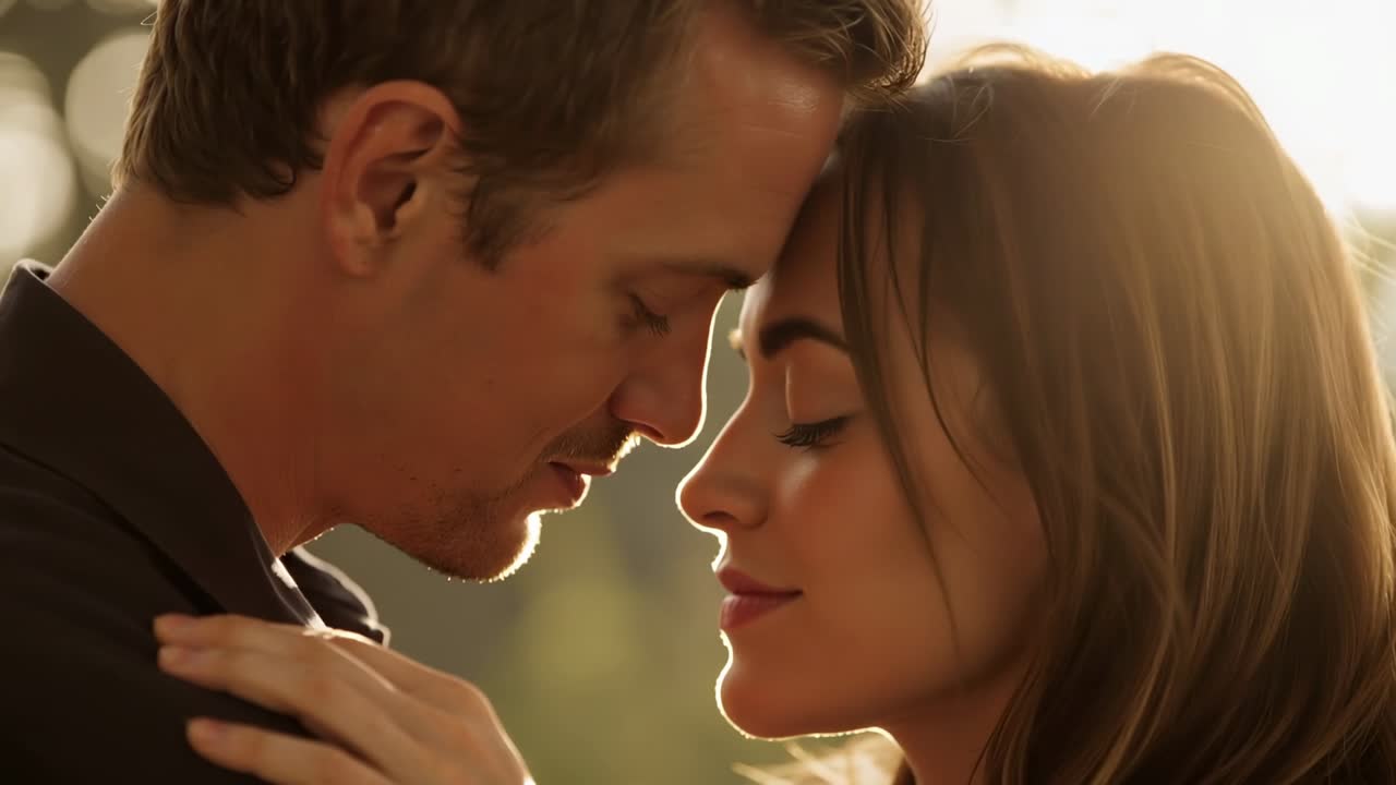 Leaning woman hugging man in dark jacket, starting kiss then resting forehead, showing love in park