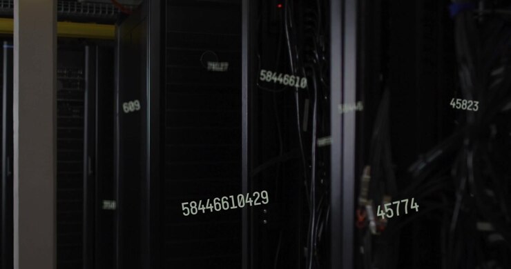 After pause numeric strings appearing from left drifting across racks and cables showing data flow