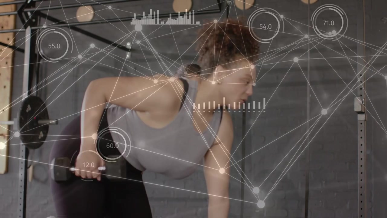 Woman gripping dumbbell and rowing for fitness while HUD overlaying metrics as partner entering