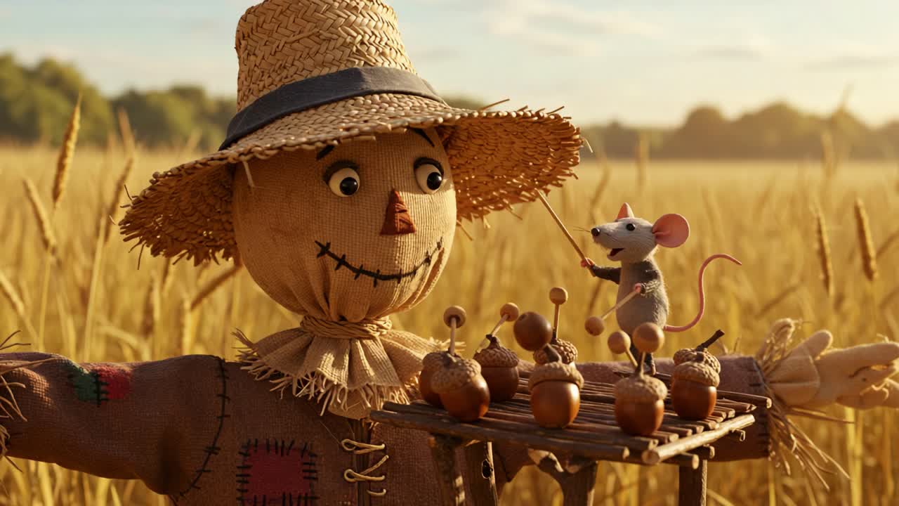 A Whimsical Encounter in the Golden Fields: A Scarecrow and a Playful Mouse Engage Over Acorns in a Picturesque Harvest Scene