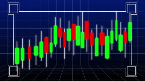 Showing fluctuating stock market data, candlestick chart on blue grid background