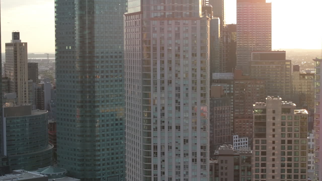 Aerial view of skyscrapers in Long Island City, Queens. Shot on a summer morning in New York City