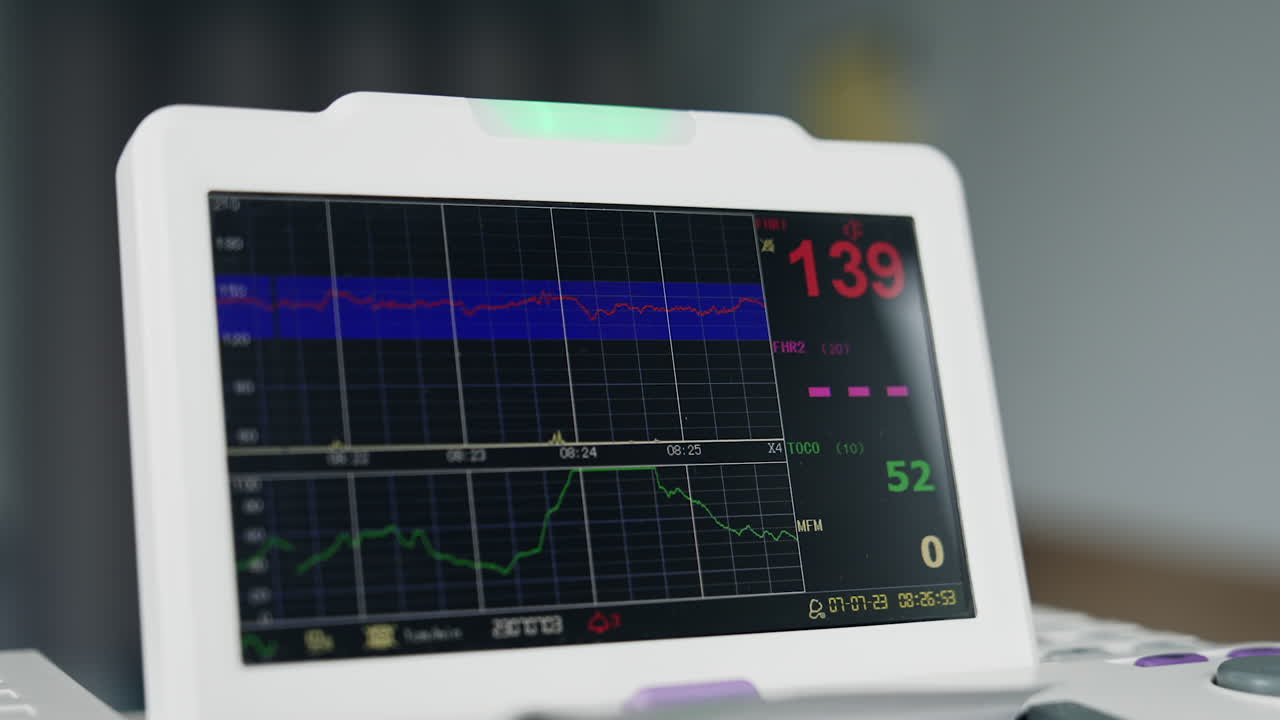 Little dark screen with curved lines close up. Medical equipment monitoring fetal development.