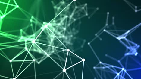 animación de conexión de red digital con puntos y líneas. visualización de grandes datos. gradiente de fondo verde y azul. concepto de tecnología futurista. 4k