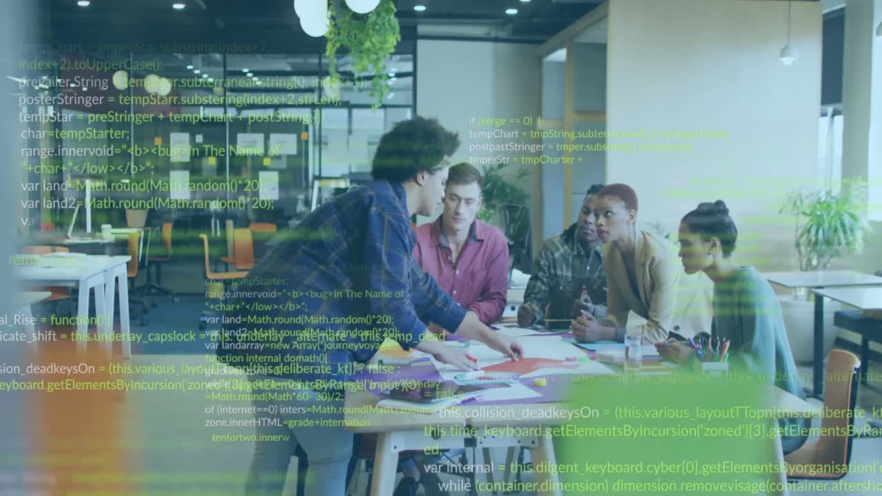 Animation of multicolored computer language, diverse coworkers sharing ideas in office