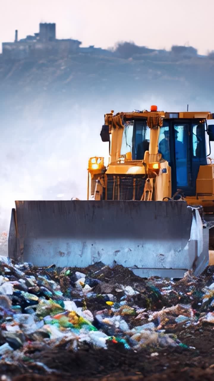 Macchinari pesanti che rimuovono rifiuti in una discarica tra cumuli di spazzatura, mostrando gli sforzi della gestione dei rifiuti per un ambiente più pulito e pratiche sostenibili