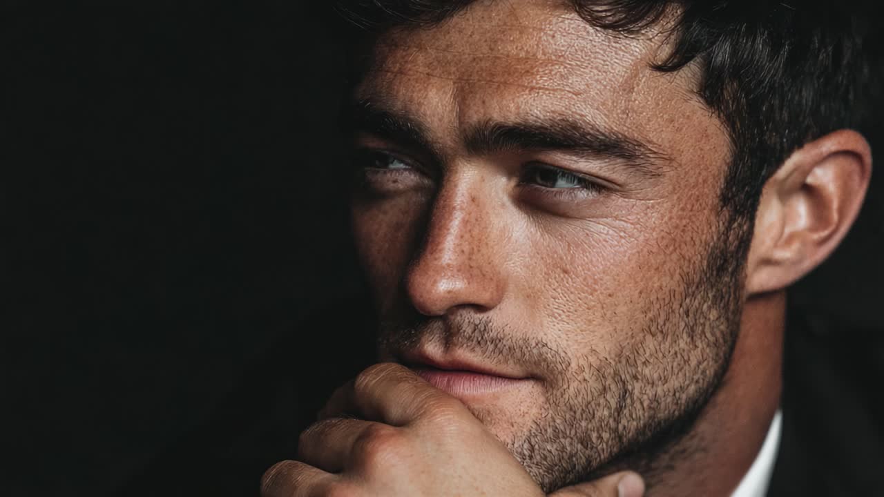 A Captivating Close-Up of a Thoughtful Man Pausing in Reflection, Showcasing Intense Emotions Through His Expressions and Subtle Details Against a Dark Background