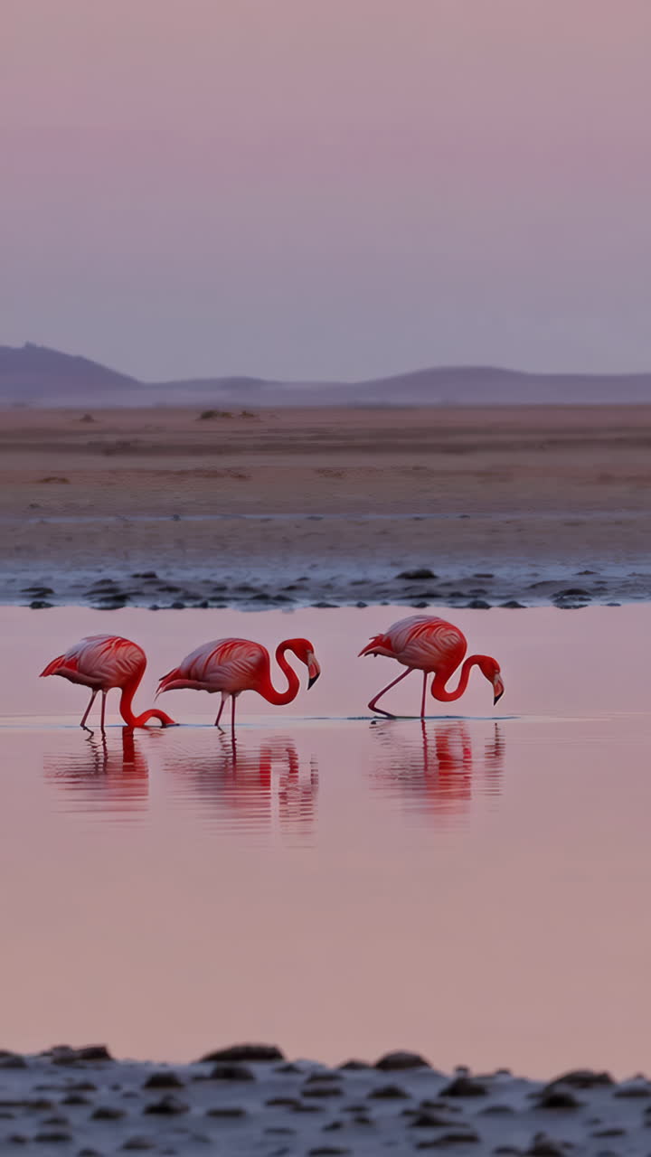 해가 지는 순간 핑크색 플라밍고
