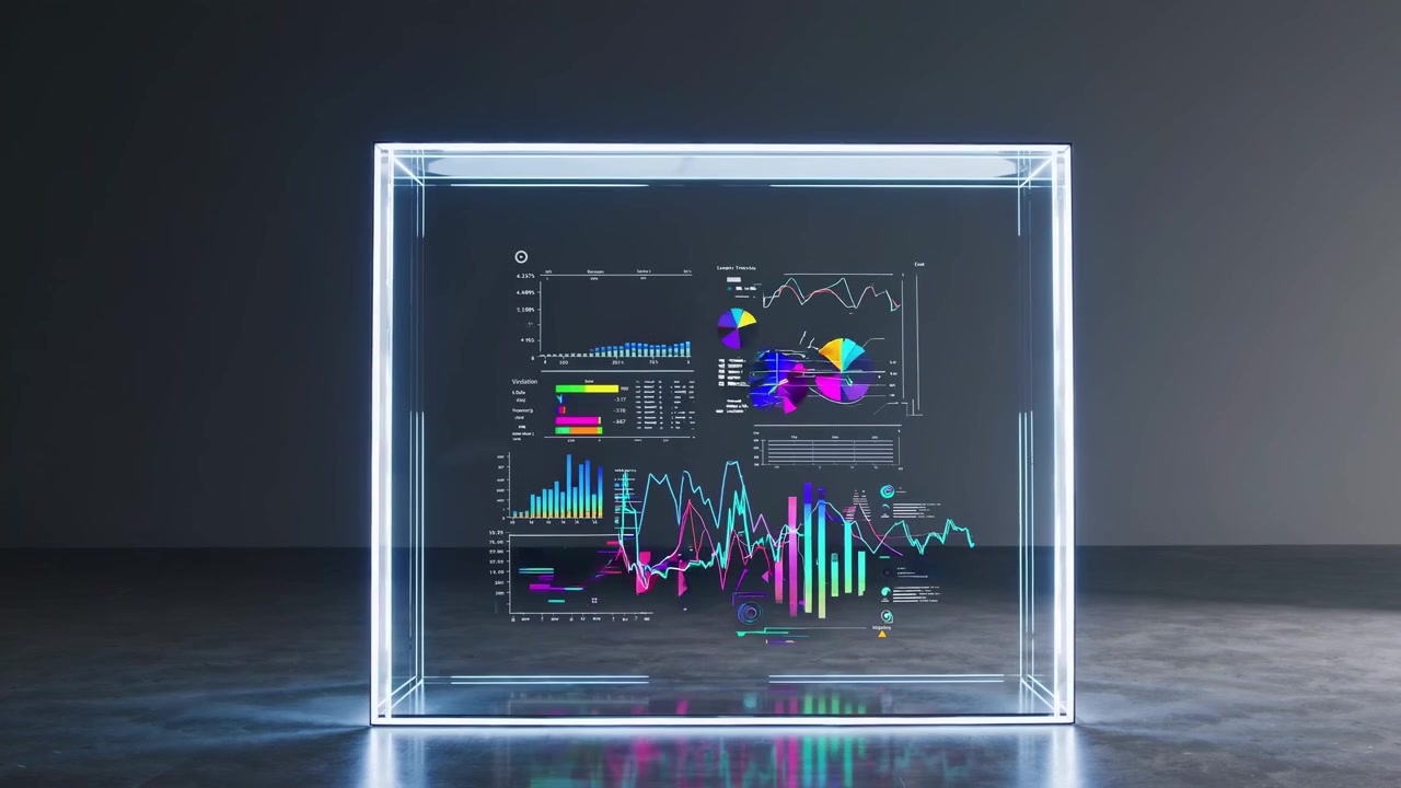 Futuristic Glowing Data Visualization Cube with Animated Financial Charts