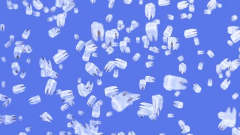 volando muchos dientes blancos sobre un fondo azul. concepto de cuidado dental. animación 3d de la rotación de los dientes. animación de bucle.