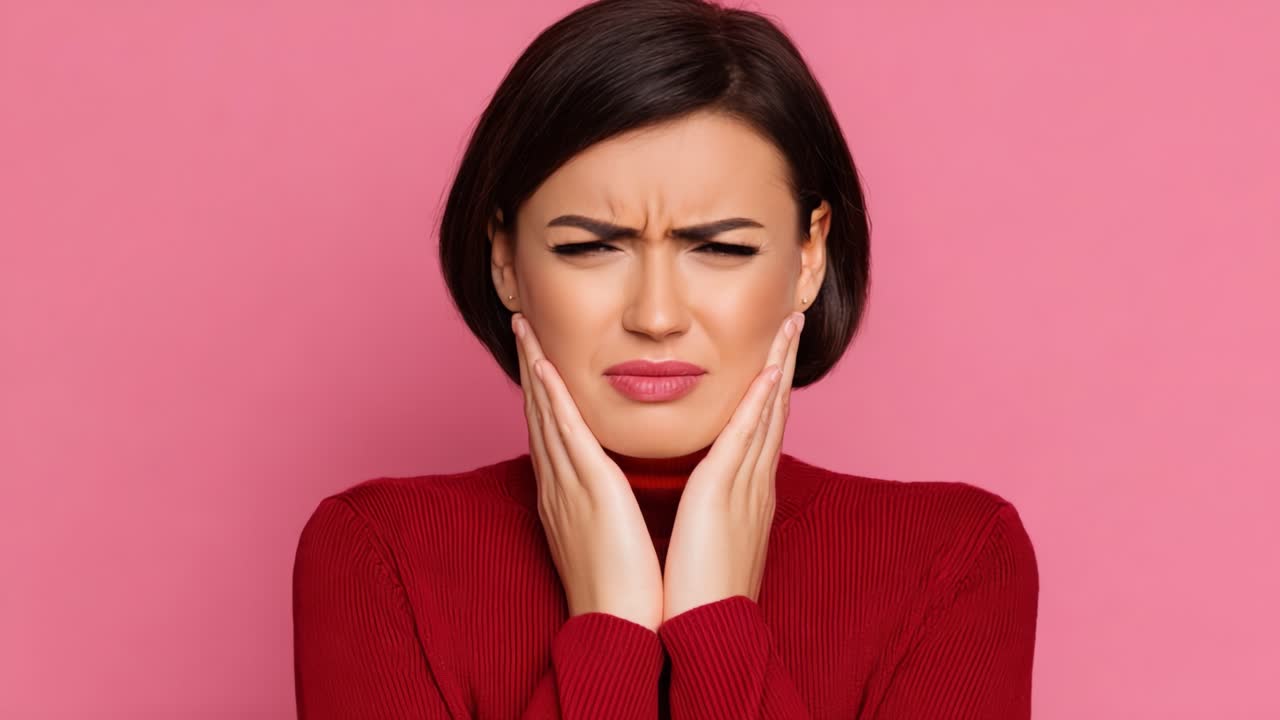 Donna con maglione rosso che esprime disagio, con uno sguardo preoccupato e le mani sul viso su uno sfondo rosa, riflettendo emozioni di dolore e angoscia