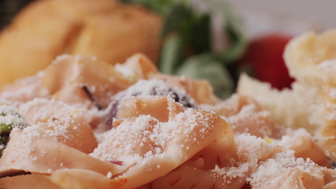 Ham italian mordatella, man Slices Of Traditional Italian antipasti mortadella sausage on a wooden cutting board, close up macro of chicken or turkey jamon, fat breakfast dish.