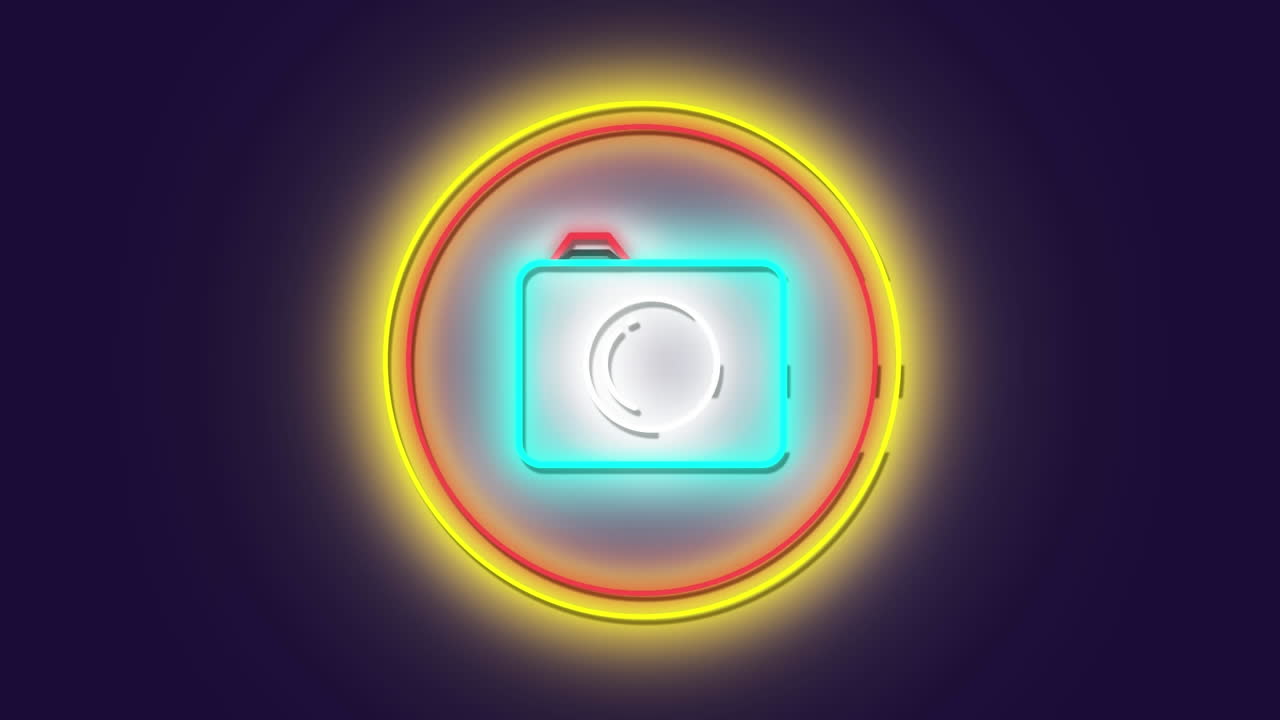 파란색 배경에 둥근 배너 위에 네온 사진 아이콘의 애니메이션