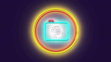 animación del icono de la foto de neón sobre una pancarta redonda contra un fondo azul