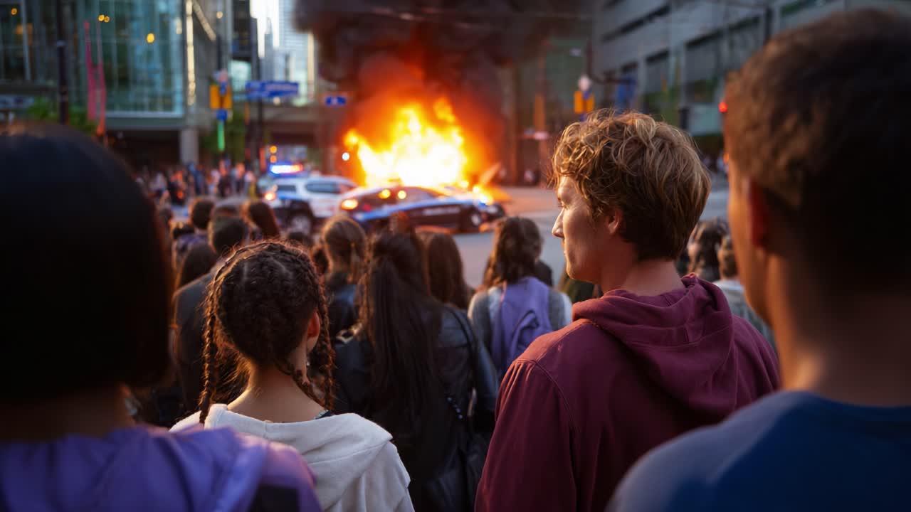 La folla osserva la scena infuocata: una dimostrazione drammatica di fiamme e risposta all'emergenza in un vivace ambiente urbano