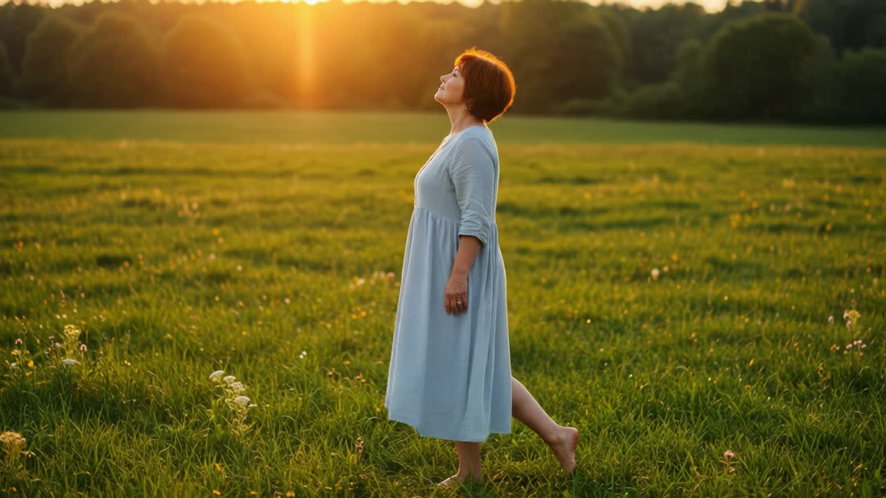 Emanating Serenity: A Woman's Joyful Dance in a Sunlit Meadow Embraces the Essence of Life, Freedom, and Nature's Bounty During Sunset's Golden Hour