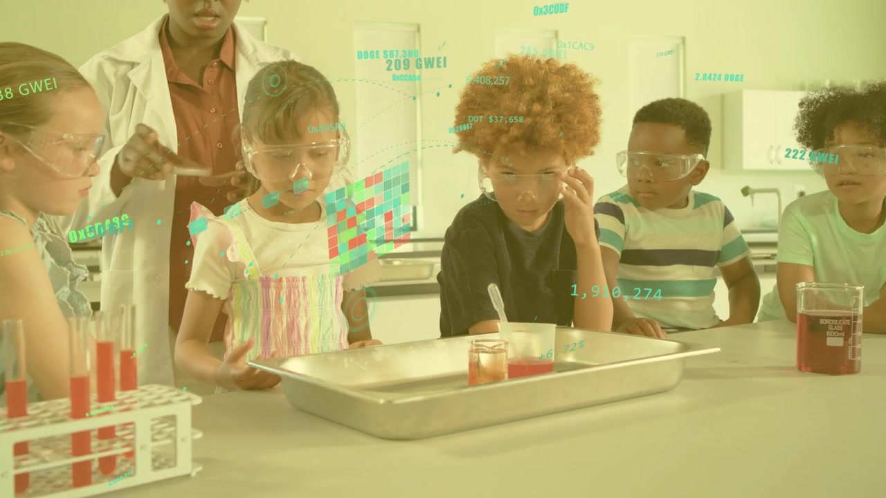 Child reaching pipette, teacher guiding transfer of red liquid in lab, AR overlay showing reaction