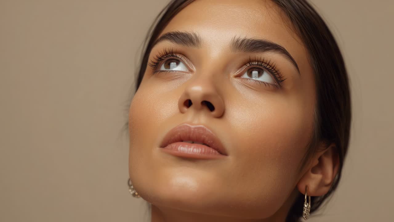 Camera pulling back, woman shifting gaze, blinking, posing at studio, showing earrings and makeup
