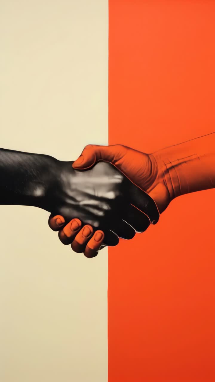 A split-color video concept with a handshake symbolizes unity