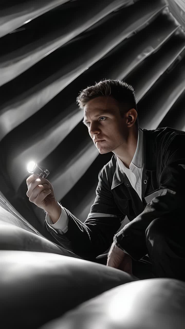 Una persona concentrata esamina una piccola fonte di luce mentre è seduta in un grande ambiente a forma di spirale, mostrando curiosità e spirito di esplorazione.