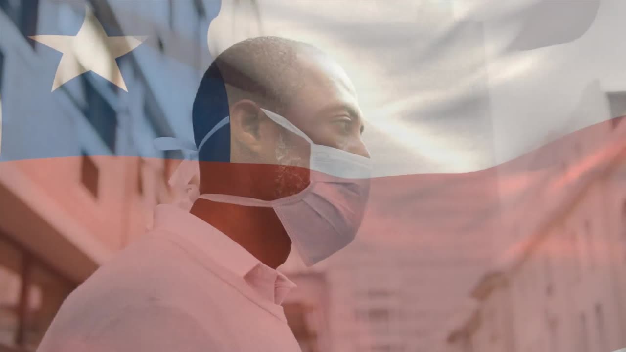 코로나19 전염병 기간 동안 마스크를 쓰고 있는 남자가 칠레 국기를 흔들고 있는 애니메이션