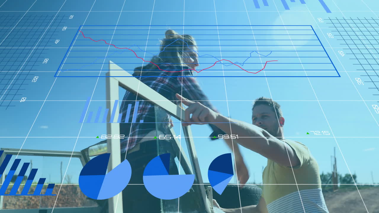 animación de procesamiento de datos financieros sobre pareja caucásica en coche en el camino trop