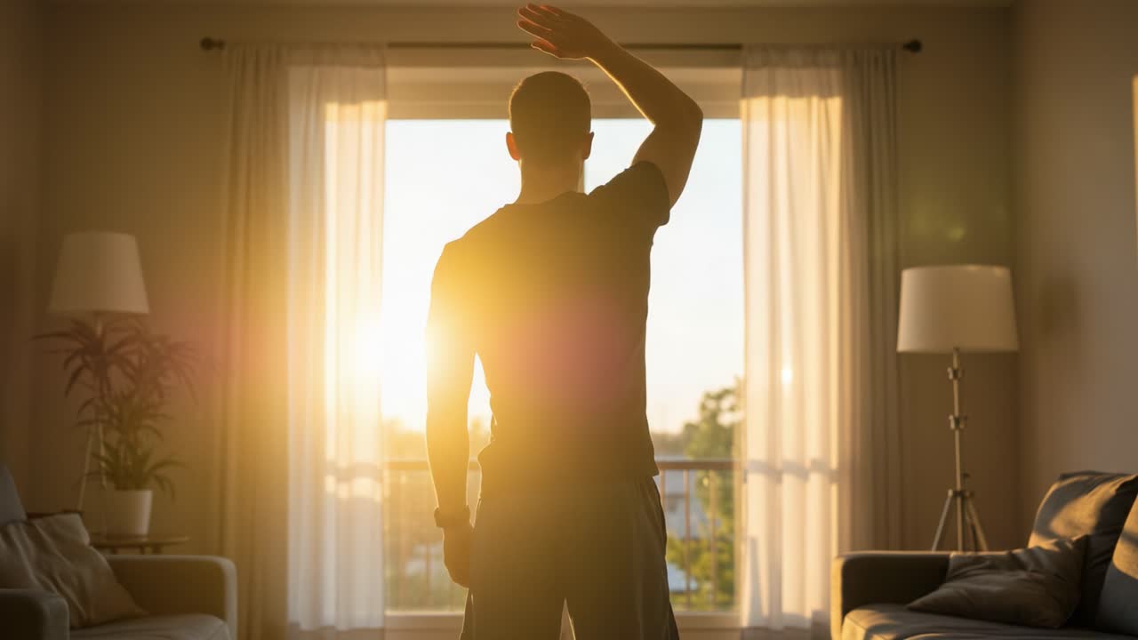 A person stands in a cozy living room, silhouetted against the warm glow of a sunset, suggesting moments of reflection and tranquility as day transitions into evening.