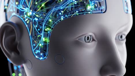 exploring the fascinating intersection of technology and humanity: a close-up view of a futuristic robot with intricate neural connections and enhanced cognitive features