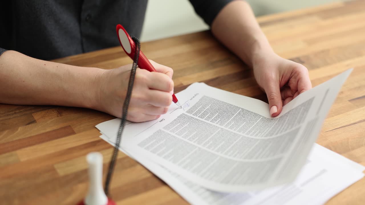 Person writing on a document with a pen