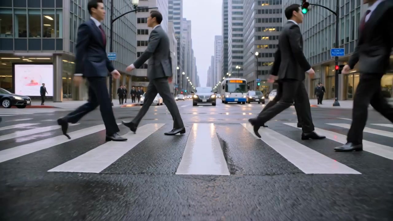 Signal changing sending men in dark suits with black shoes crossing wet zebra crosswalk toward work