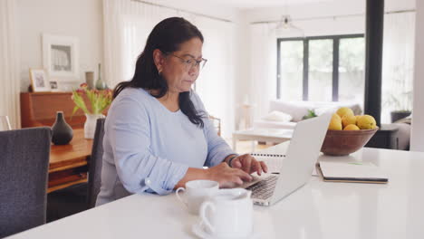 mujer trabajando en una computadora portátil en la cocina